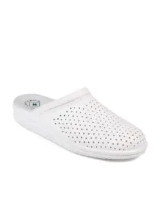 Zueco sanitario anatómico en piel blanca marca JAVER-Postigo con perforaciones