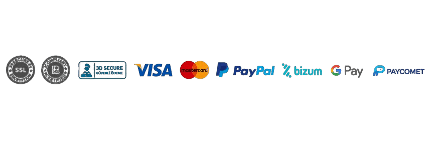 Medios de pago aceptados: Visa, Mastercard, PayPal, Bizum, Google Pay, Paycomet