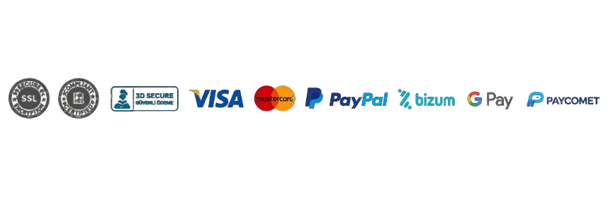 Medios de pago aceptados: Visa, Mastercard, PayPal, Bizum, Google Pay, Paycomet